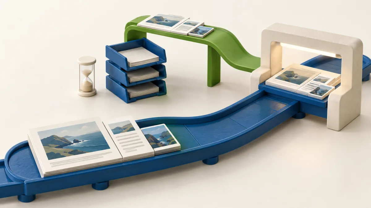 A content bundle follows a green bridge past three manual trays and through an inspection frame; an hourglass represents released handling time