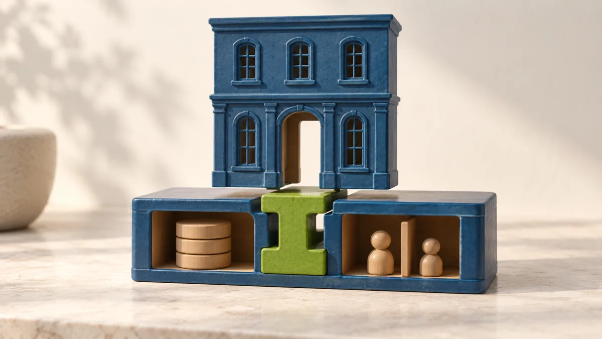 The existing product facade is preserved while a green support connects it to data storage and separated user access