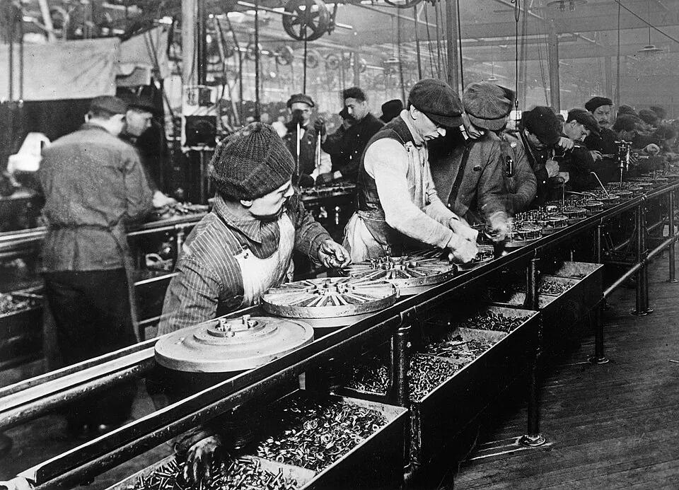 The first moving Ford assembly line at Highland Park