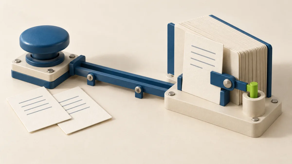 Two submission attempts sit beside a blue button; one record is clipped into a ledger and linked to a single green counting peg