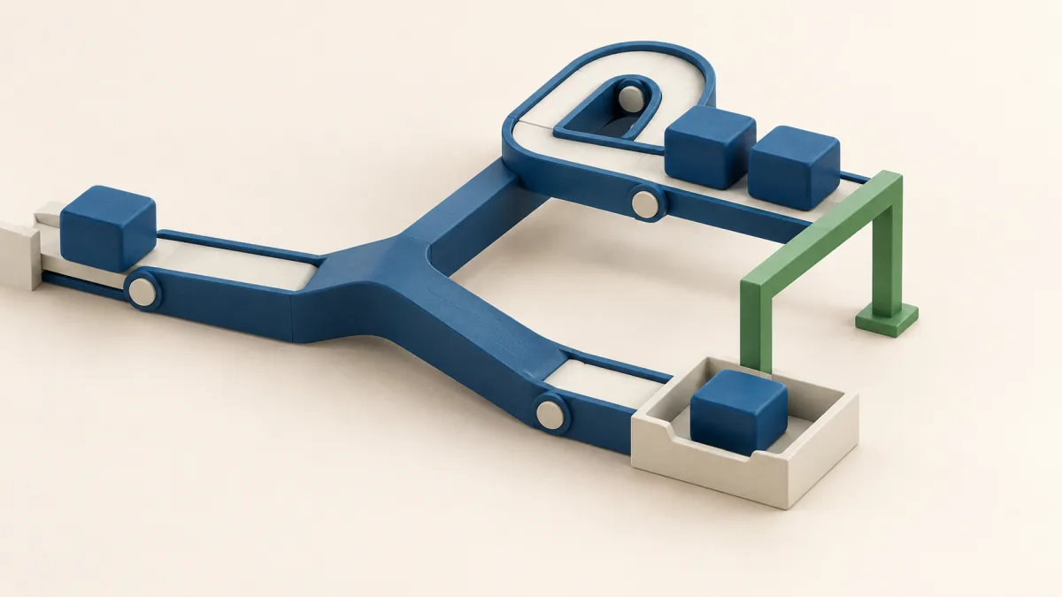 One enquiry follows two branches: a repeated signal produces two analytics blocks while the record tray holds one; a green bridge connects the comparison points