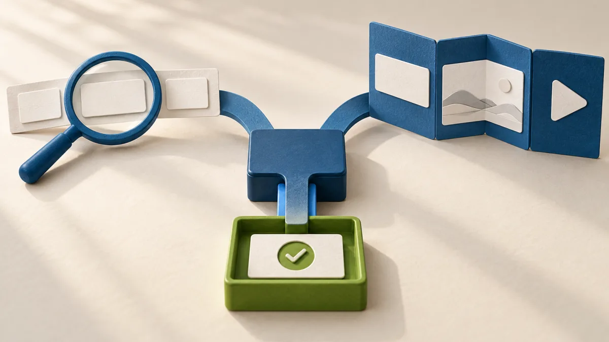 A lens over search queries and a text, image and video bundle converge on one verified enquiry in a green tray