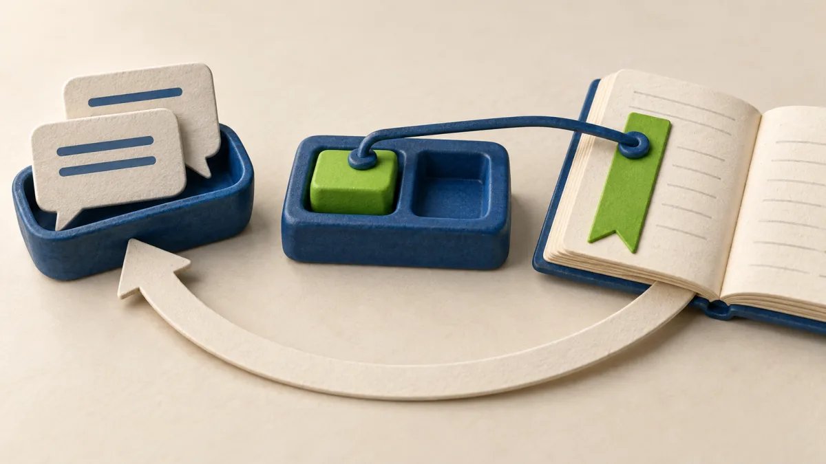 Conversation tiles beside one secured green reservation linked to a customer ledger; a return arrow leads back to the conversation